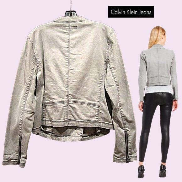Calvin Klein Jeans NEW Grunge Moto Asymmetrical Zip Crop Denim Jacket L - Picture 8 of 12